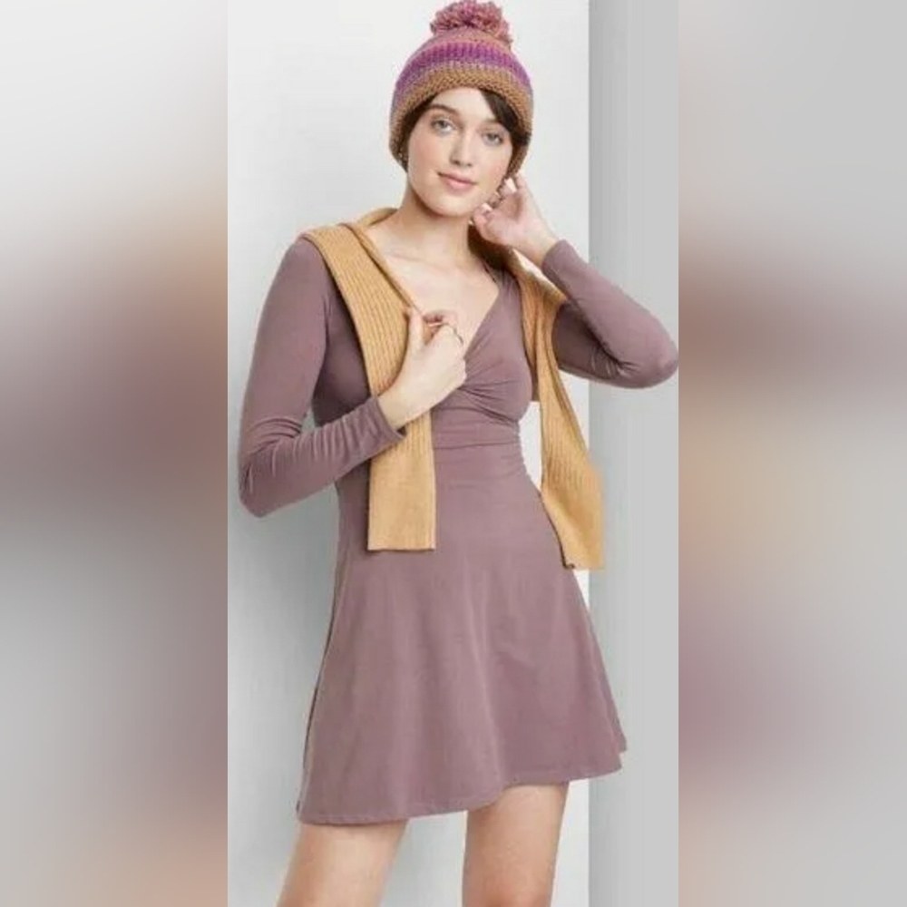Women's Long Sleeve Twist Knot Skater Mini Dress Wild Fable